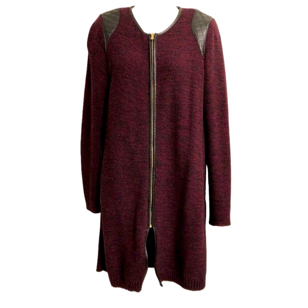Rafaella Long Full Zip Cardigan Sweater Coat, Medium, Rich Burgundy